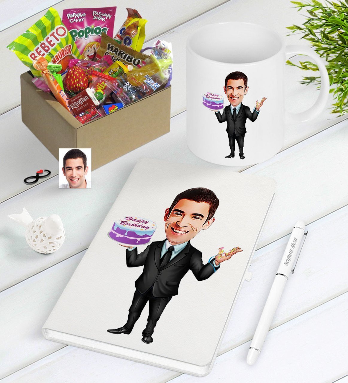 Kişiye Özel Bay Doğum Günü Karikatürlü Nostaljik Lezzetler Defter Kalem Kupa Hediye Seti-2