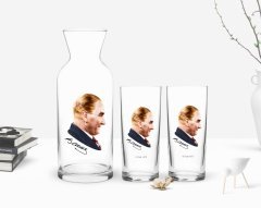 Kişiye Özel Renkli Baskılı Atatürk Temalı İkili Rakı Bardağı ve Karaf Hediye Seti-11