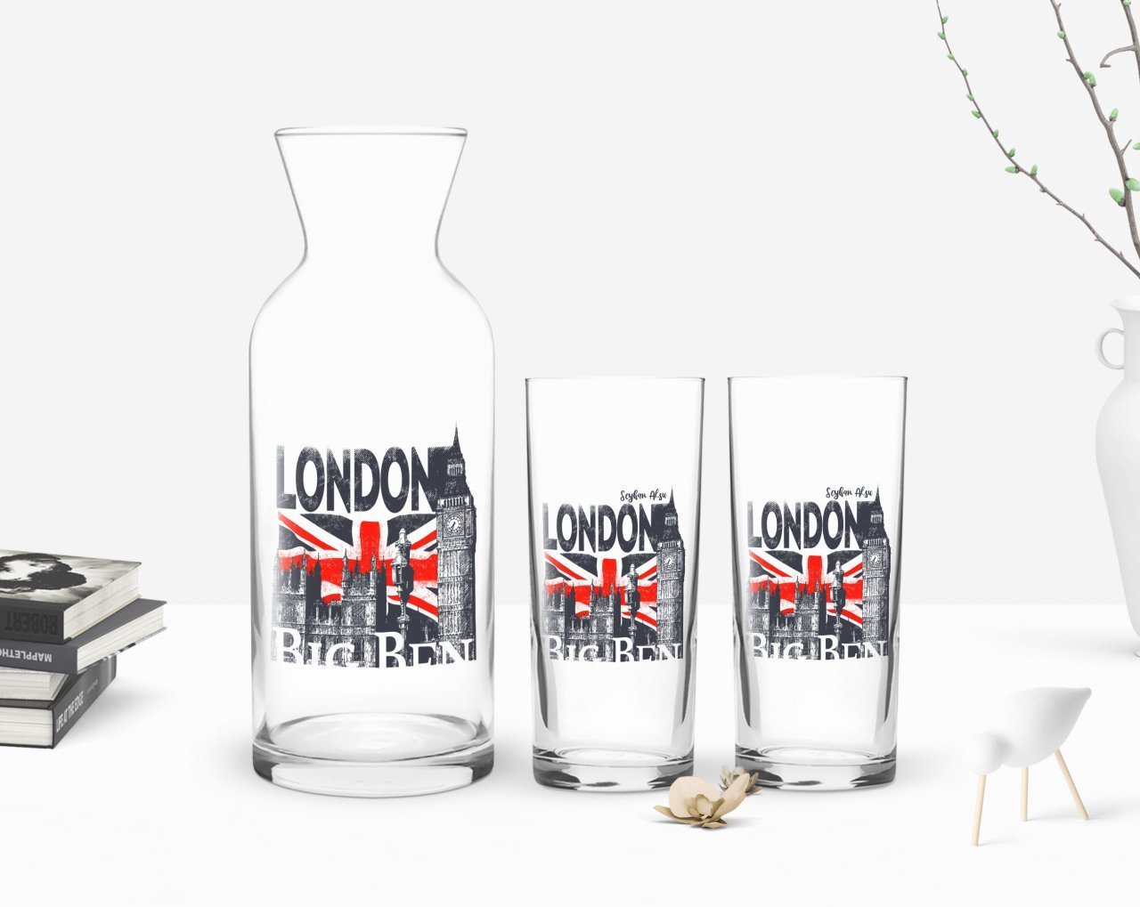 Kişiye Özel Renkli Baskılı London Tasarımlı İkili Rakı Bardağı ve Karaf Hediye Seti-3