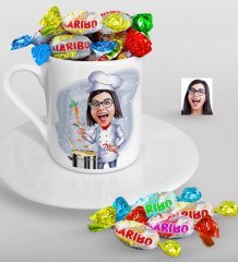 Kişiye Özel Bayan Chef Karikatürlü Türk Kahvesi Fincanı ve Haribo Şeker Hediye Seti-1