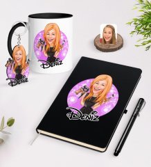 Kişiye Özel Kadın Güzellik Uzmanı Karikatürlü Siyah Defter Kalem Kupa ve Anahtarlık Hediye Seti-1