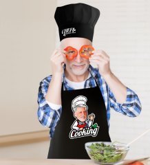 Kişiye Özel Bay Chef Karikatürlü Siyah Mutfak Önlüğü Aşçı Şapkası Seti-14