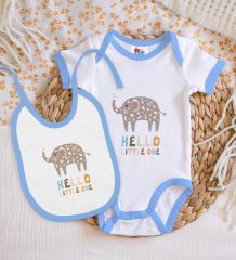 BK Kids Hello Little One Tasarımlı Mavi Bebek Body Zıbın ve Mama Önlüğü Hediye Seti-1