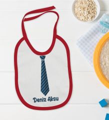 BK Kids Kişiye Özel Kravat Tasarımlı Kırmızı Bebek Mama Önlüğü-1