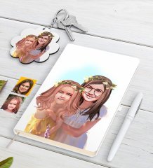 Kişiye Özel Kız Kardeşler Karikatürlü Beyaz Defter Kalem ve Anahtarlık Hediye Seti-2