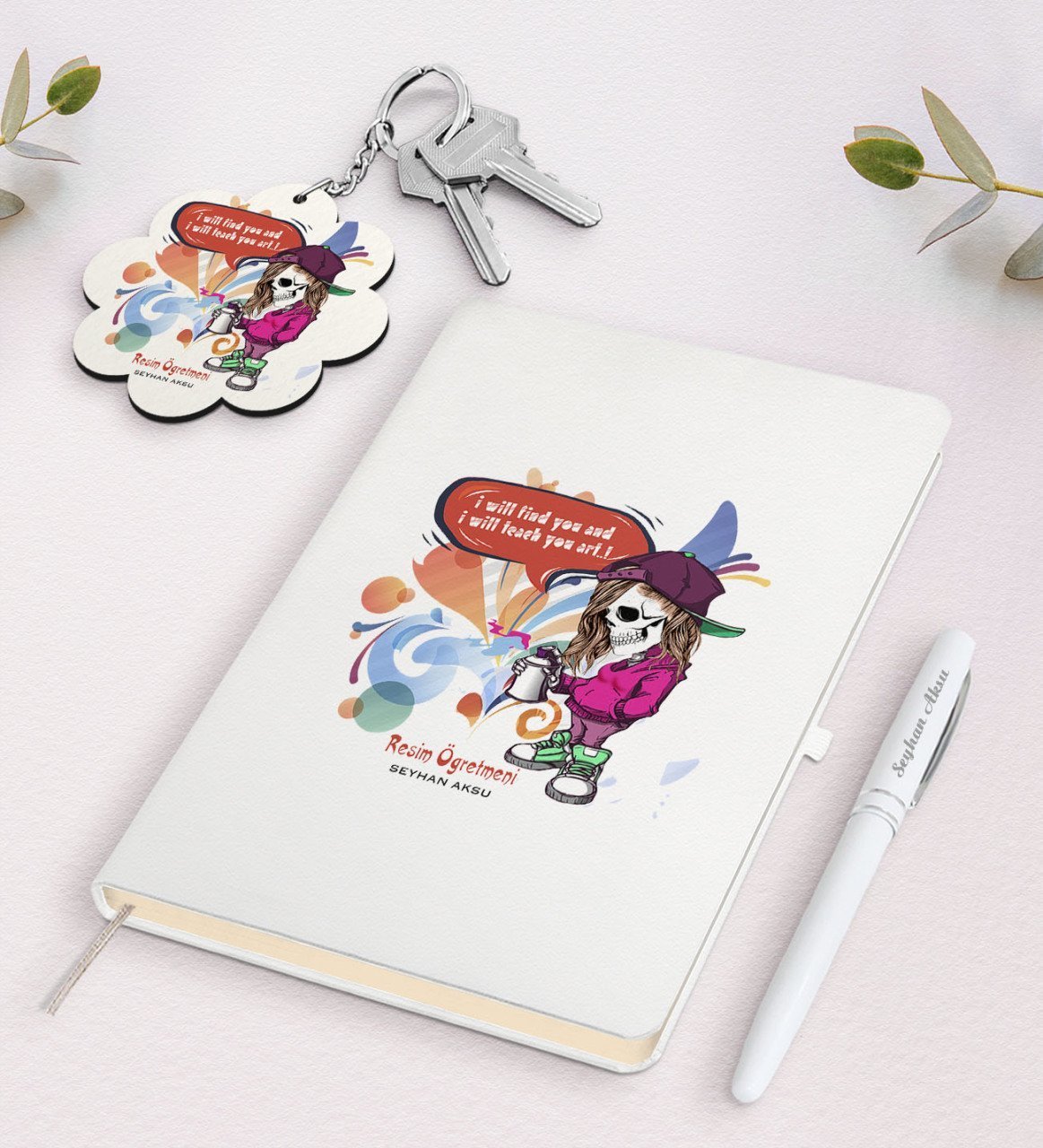 Kişiye Özel Resim Öğretmeni Beyaz Defter Kalem ve Anahtarlık Hediye Seti-2