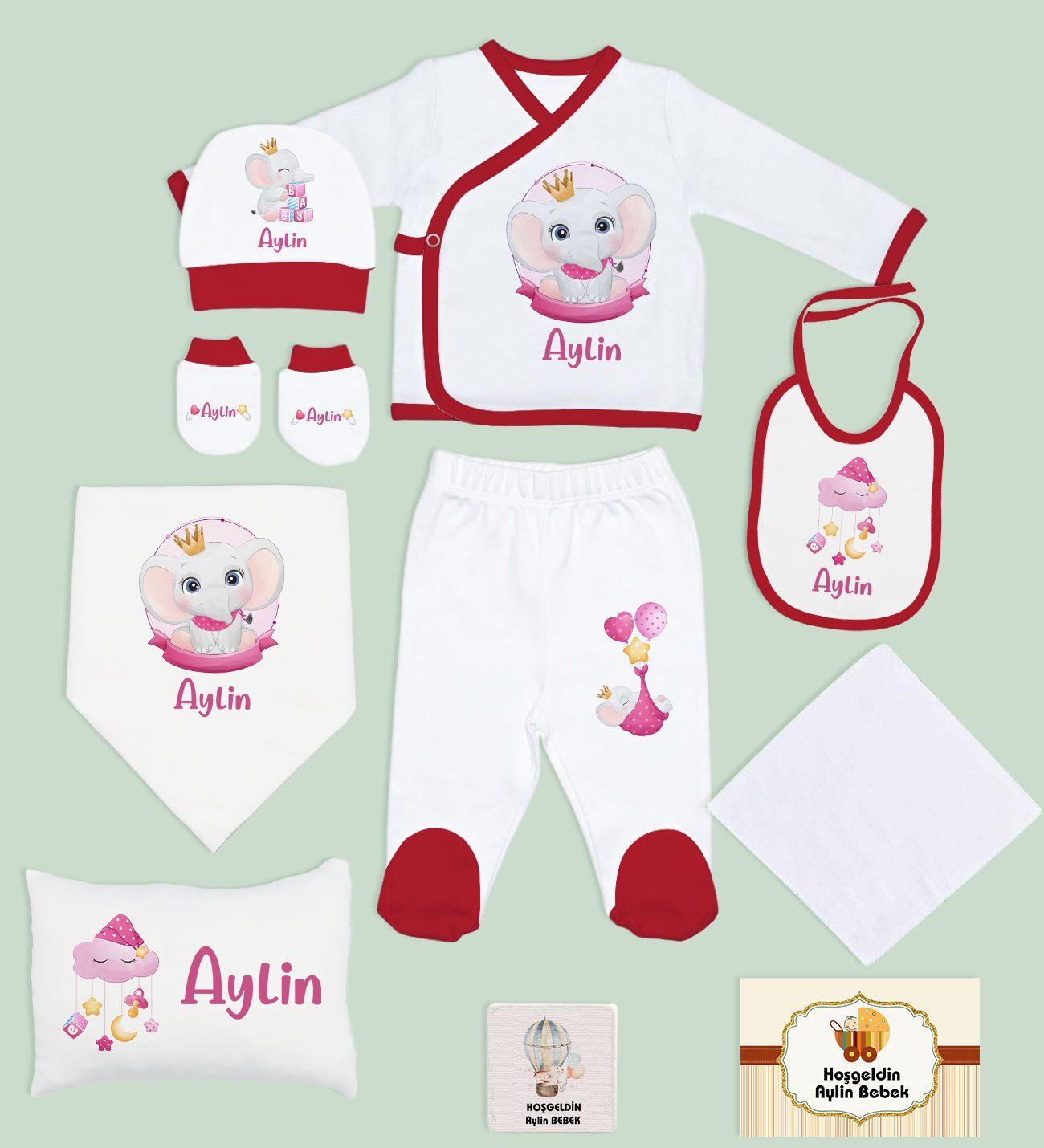 BK Kids Kişiye Özel 10 Parça Kırmızı Hastane Çıkışı Battaniye ve Yastık Hediye Seti, Yeni Doğan Bebek Giyim Hediyesi-7
