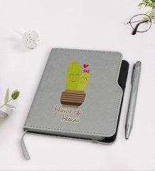 Kişiye Özel Kaktüs Tasarımlı Gri Termo Deri Defter Kalem Seti-13
