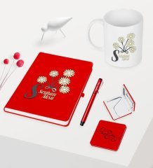 Kadınlar Gününe Özel Kırmızı Defter Kalem Kupa Ayna Seti - 15