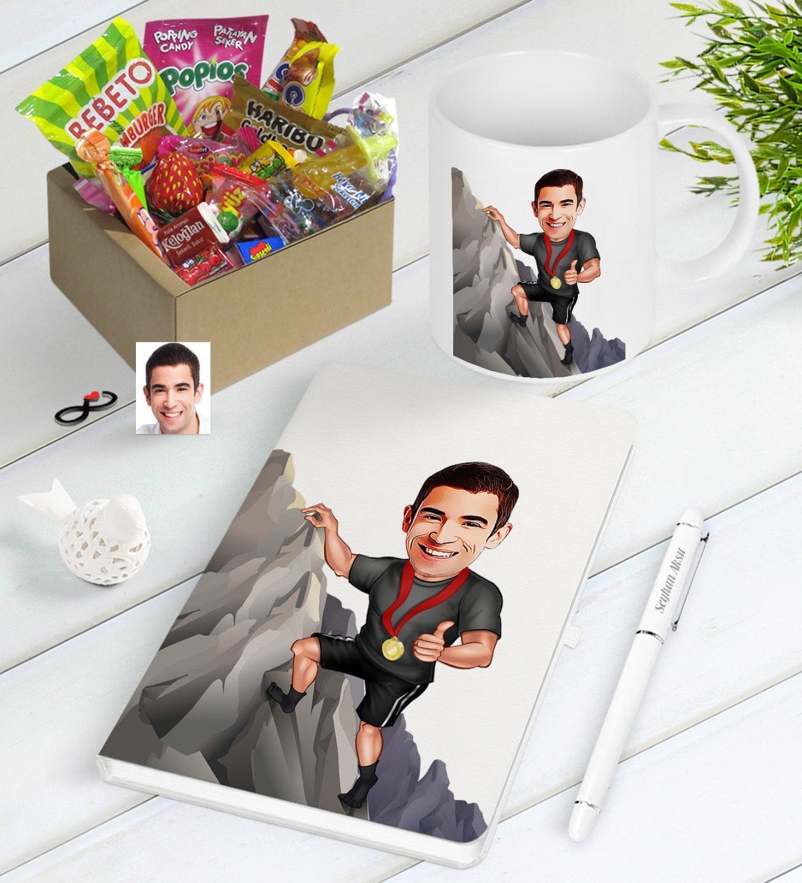 Kişiye Özel Bay Tırmanış Sporcusu Karikatürlü Nostaljik Lezzetler Defter Kalem Kupa Hediye Seti
