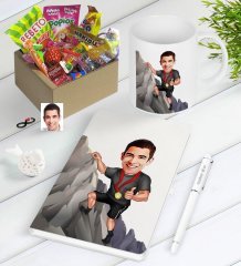 Kişiye Özel Bay Tırmanış Sporcusu Karikatürlü Nostaljik Lezzetler Defter Kalem Kupa Hediye Seti