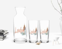 Kişiye Özel Renkli Baskılı London Tasarımlı İkili Rakı Bardağı ve Karaf Hediye Seti-2