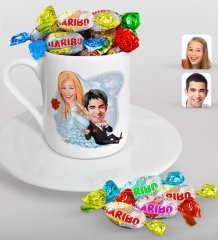 Kişiye Özel Sevgililer Günü Temalı Evleniyoruz Karikatürlü Türk Kahvesi Fincanı ve Haribo Şeker Hediye Seti-2