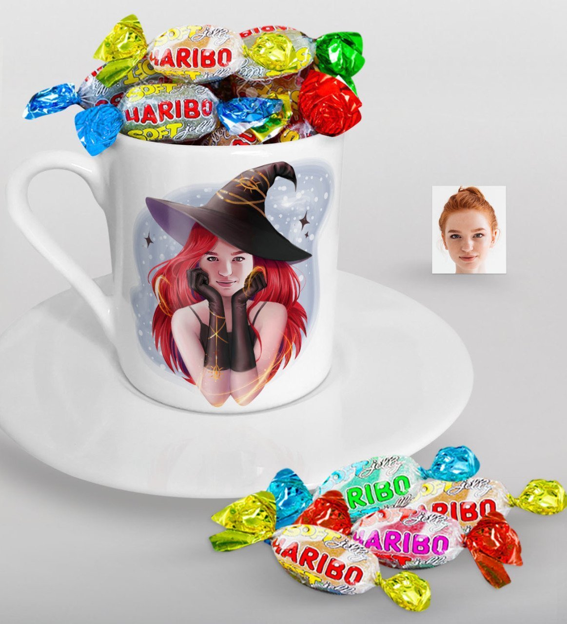 Kişiye Özel Bayan Cadı Karikatürlü Türk Kahvesi Fincanı ve Haribo Şeker Hediye Seti-2