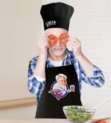 Kişiye Özel Bay Chef Karikatürlü Siyah Mutfak Önlüğü Aşçı Şapkası Seti-13