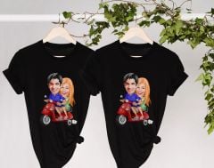 BK Gift Kişiye Özel Sevgililer Karikatürlü İkili Siyah T-shirt Seti, Sevgililer Hediye, Çift Hediyesi, Yıl Dönümü Hediyesi, Kişiye Özel Tişört-15