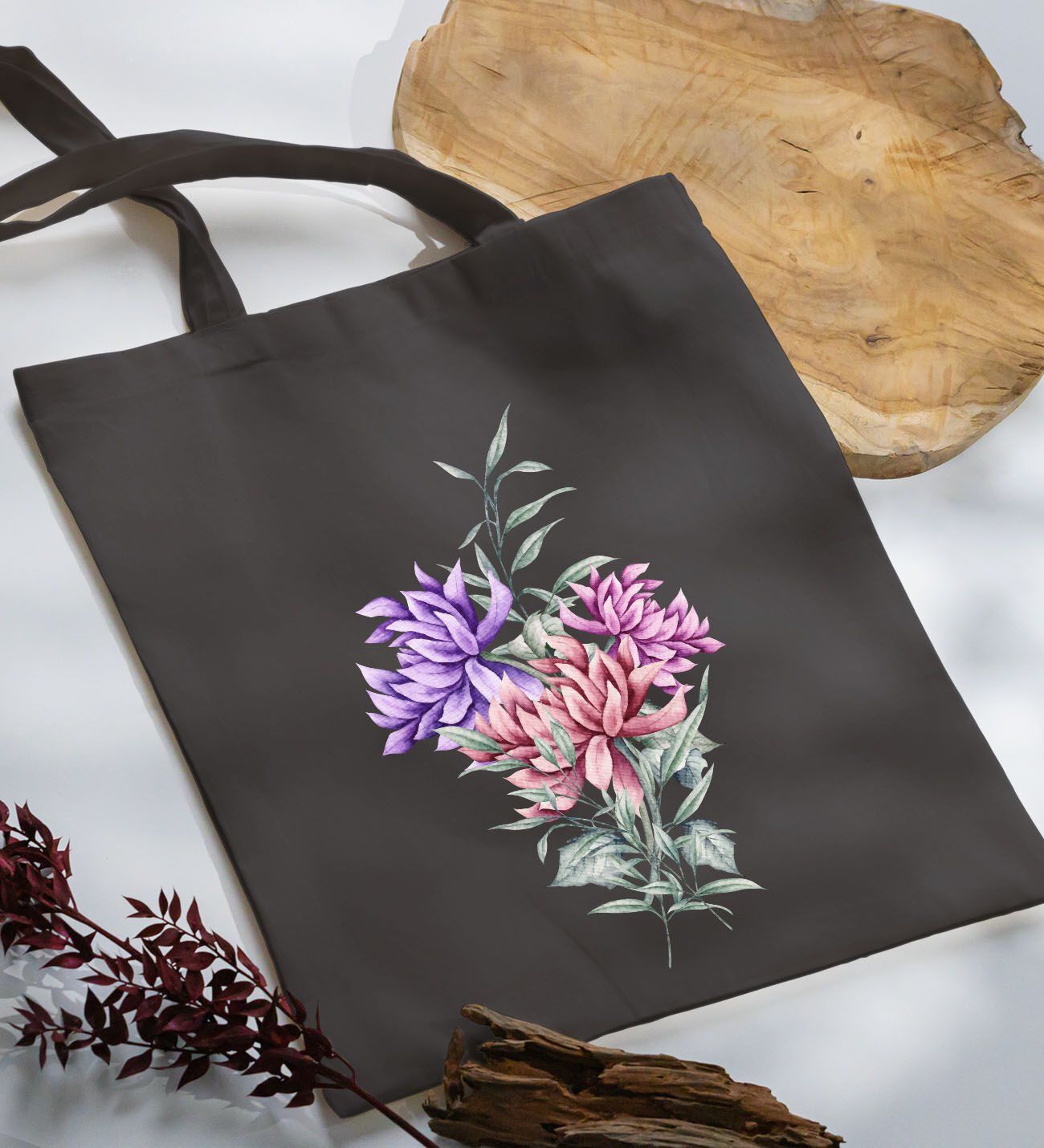 BK Gift Çiçek Tasarımlı-2 Antrasit Kumaş Bez Çanta, Baskılı Omuz Çantası, Alışveriş Çantası, Anneye Hediye