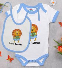 BK Kids Hello Summer Tasarımlı Mavi Bebek Body Zıbın ve Mama Önlüğü Hediye Seti-1