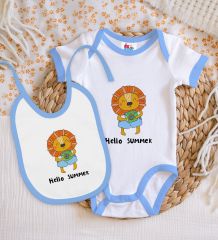 BK Kids Hello Summer Tasarımlı Mavi Bebek Body Zıbın ve Mama Önlüğü Hediye Seti-1