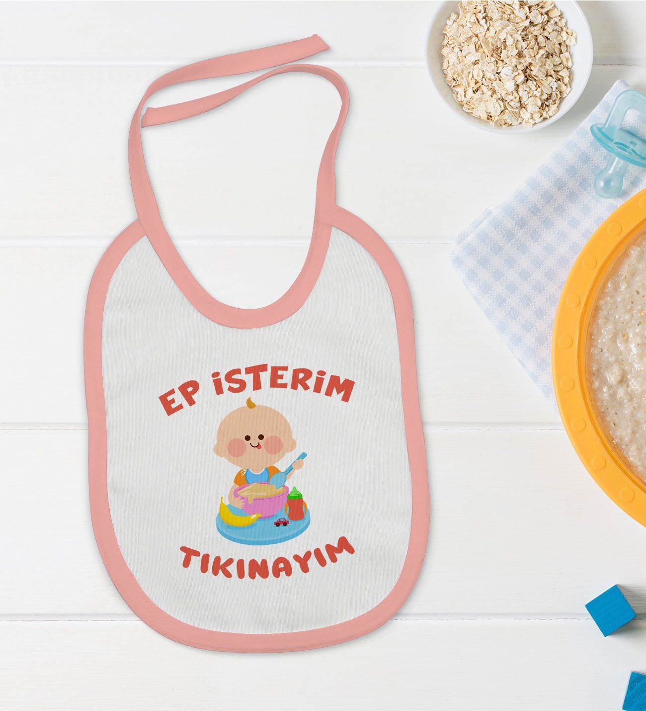 BK Kids Ep İsterim Tasarımlı Pembe Bebek Mama Önlüğü-5