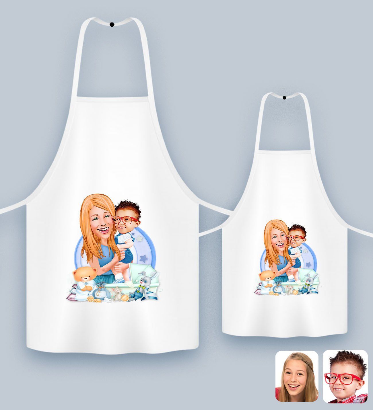 BK Gift Kişiye Özel İkili Anne Oğul Karikatürlü Mutfak Önlüğü Seti, Anneye Hediye, Anneler Günü Hediyeleri