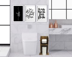 BK Home Doğal Masif Ahşap Tuvalet Kağıtlığı ve Dekoratif 3’lü Ahşap Beyaz Çerçeveli Tablo-1