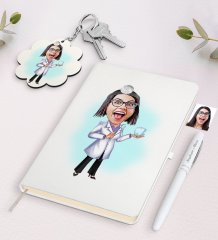 Kişiye Özel Kadın Diş Hekimi Karikatürlü Beyaz Defter Kalem ve Anahtarlık Hediye Seti-1