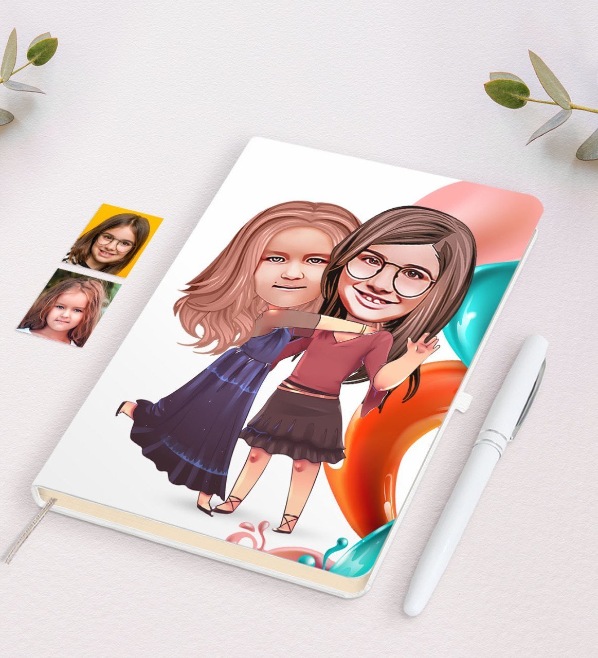 Kişiye Özel Kız Kardeşler Karikatürlü Beyaz Defter ve Kalem Hediye Seti-6