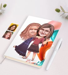 Kişiye Özel Kız Kardeşler Karikatürlü Beyaz Defter ve Kalem Hediye Seti-6