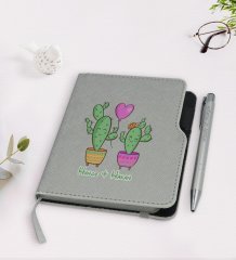 Kişiye Özel Kaktüs Tasarımlı Gri Termo Deri Defter Kalem Seti-12