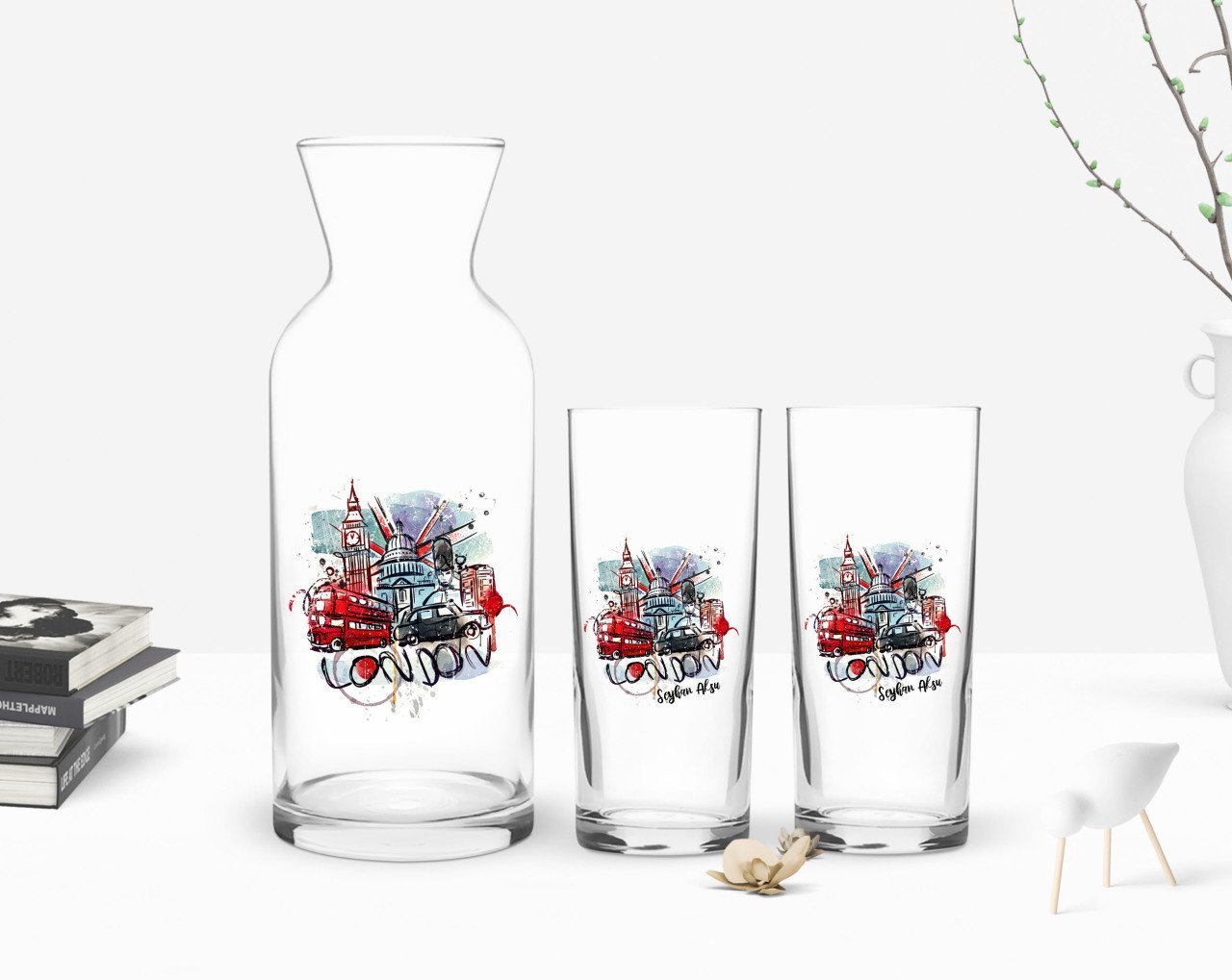 Kişiye Özel Renkli Baskılı London Tasarımlı İkili Rakı Bardağı ve Karaf Hediye Seti-1