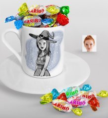 Kişiye Özel Bayan Cadı Karikatürlü Türk Kahvesi Fincanı ve Haribo Şeker Hediye Seti-1
