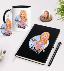 Kişiye Özel Kadın Aşçı Karikatürlü Siyah Defter Kalem Kupa ve Anahtarlık Hediye Seti-4