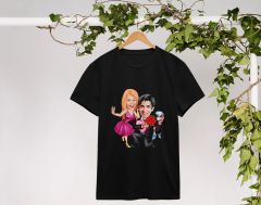 BK Gift Kişiye Özel Sevgililer Karikatürlü İkili Siyah T-shirt Seti, Sevgililer Hediye, Çift Hediyesi, Yıl Dönümü Hediyesi, Kişiye Özel Tişört-14