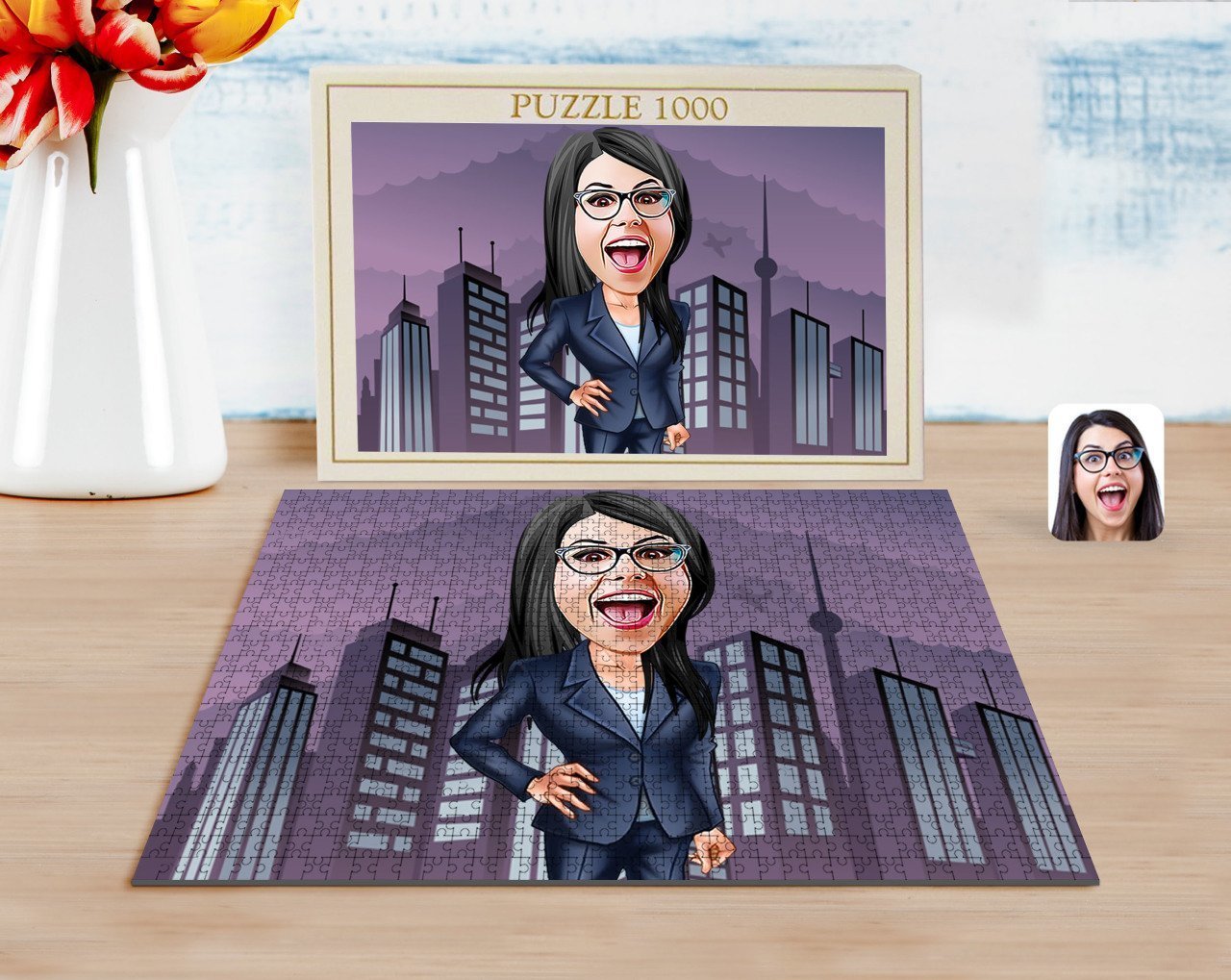 Kişiye Özel Kadın Patron Karikatürlü 1000 Parça Profesyonel Puzzle-4
