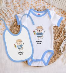 BK Kids Summer Time Tasarımlı Mavi Bebek Body Zıbın ve Mama Önlüğü Hediye Seti-1