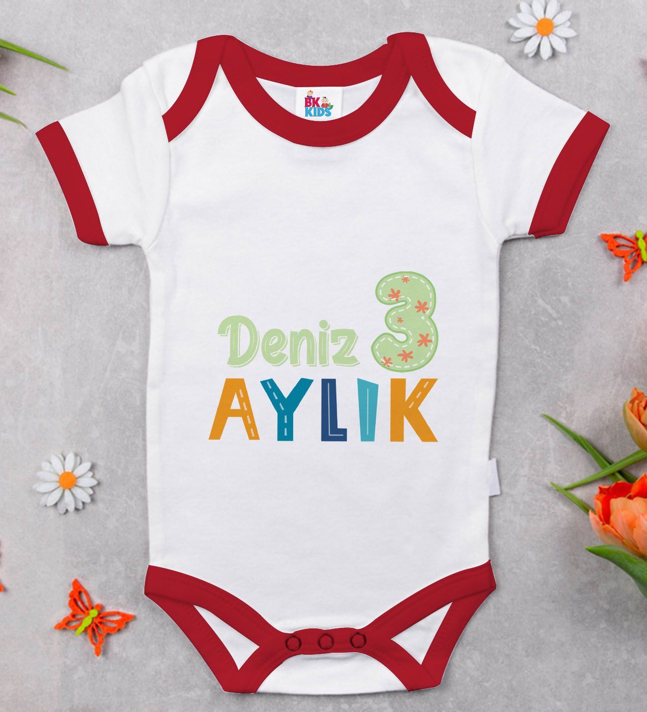 BK Kids Kişiye Özel Aylık Tasarımlı Kırmızı Bebek Body Zıbın-1