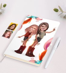 Kişiye Özel Kız Kardeşler Karikatürlü Beyaz Defter ve Kalem Hediye Seti-5