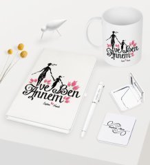 Kişiye Özel Annem ve Ben Beyaz Defter Kalem Kupa Ayna Seti