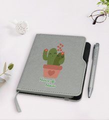 Kişiye Özel Kaktüs Tasarımlı Gri Termo Deri Defter Kalem Seti-11