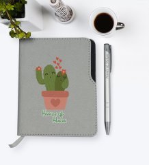 Kişiye Özel Kaktüs Tasarımlı Gri Termo Deri Defter Kalem Seti-11
