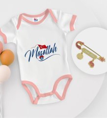 BK Kids Kişiye Özel Maşallah Tasarımlı Pembe Bebek Body Zıbın ve Kız Bebek İğnesi Hediye Seti-3