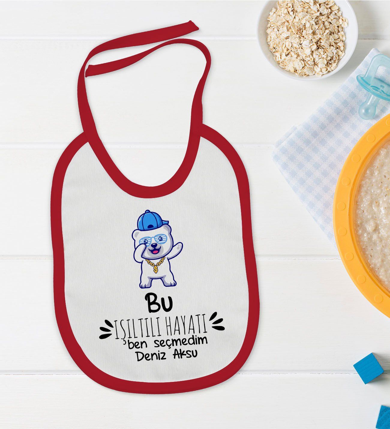 BK Kids Kişiye Özel Işıltılı Hayatı Ben Seçmedim Tasarımlı Kırmızı Bebek Mama Önlüğü-1