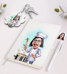 Kişiye Özel Kadın Chef Karikatürlü Beyaz Defter Kalem ve Anahtarlık Hediye Seti-1