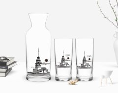 Kişiye Özel Renkli Baskılı Kız Kulesi Tasarımlı İkili Rakı Bardağı ve Karaf Hediye Seti-3