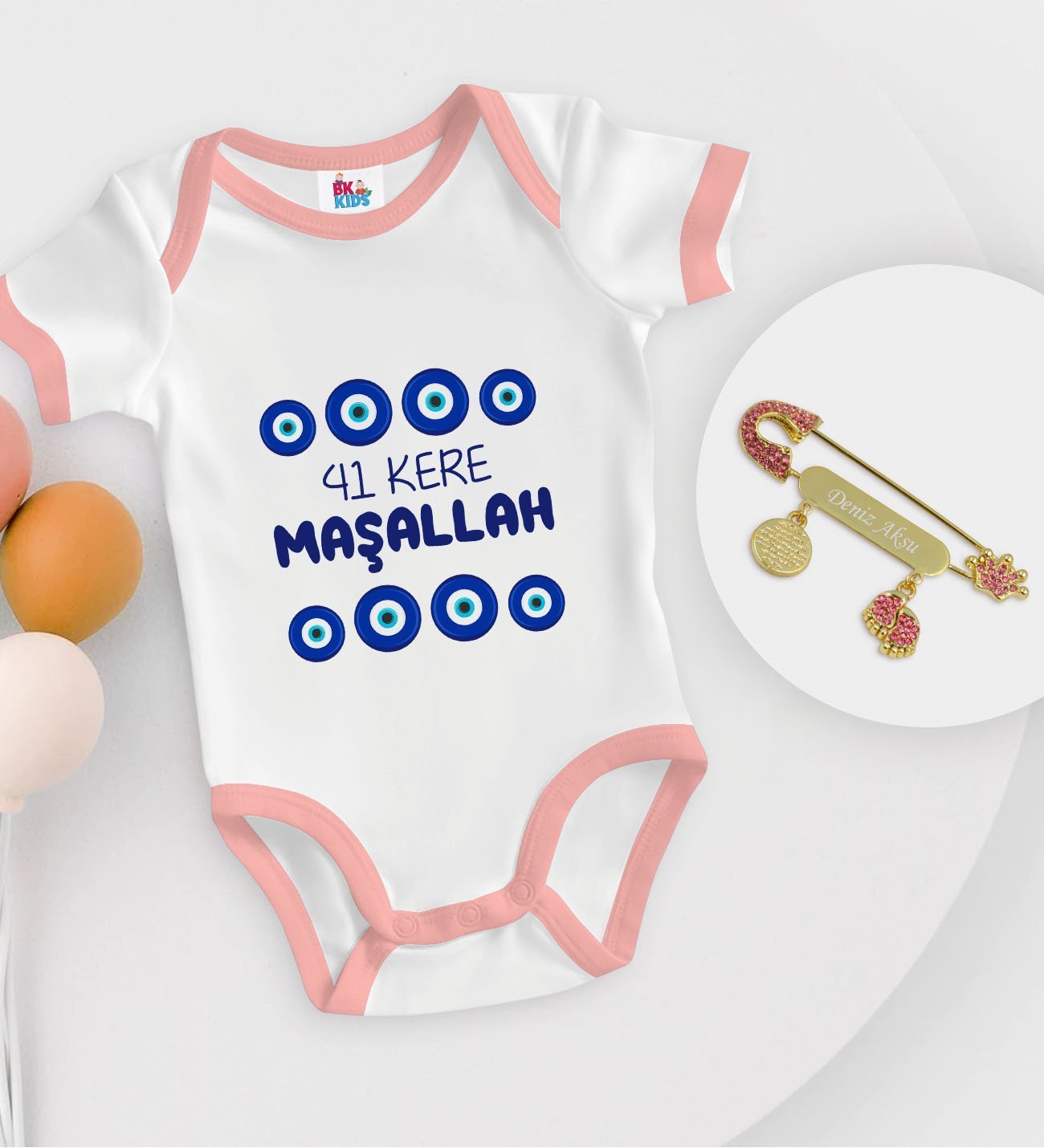 BK Kids Kişiye Özel Maşallah Tasarımlı Pembe Bebek Body Zıbın ve Kız Bebek İğnesi Hediye Seti-2