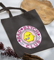 BK Gift Bad Bitch Club Tasarımlı-1 Antrasit Kumaş Bez Çanta, Baskılı Omuz Çantası, Alışveriş Çantası, Anneye Hediye