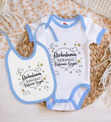 BK Kids Bırkalama Tasarımlı Mavi Bebek Body Zıbın ve Mama Önlüğü Hediye Seti-1