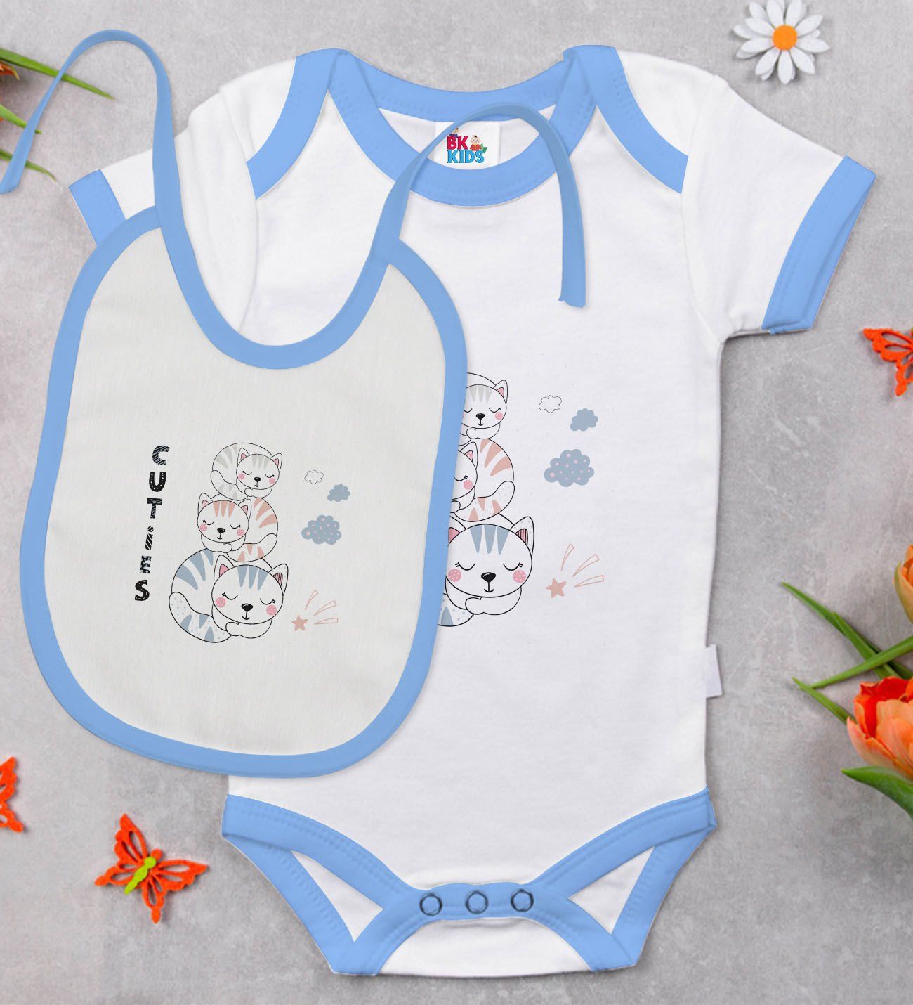BK Kids Cuties Tasarımlı Mavi Bebek Body Zıbın ve Mama Önlüğü Hediye Seti-1