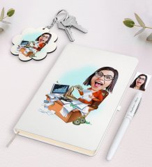 Kişiye Özel Kadın Bankacı Karikatürlü Beyaz Defter Kalem ve Anahtarlık Hediye Seti-1